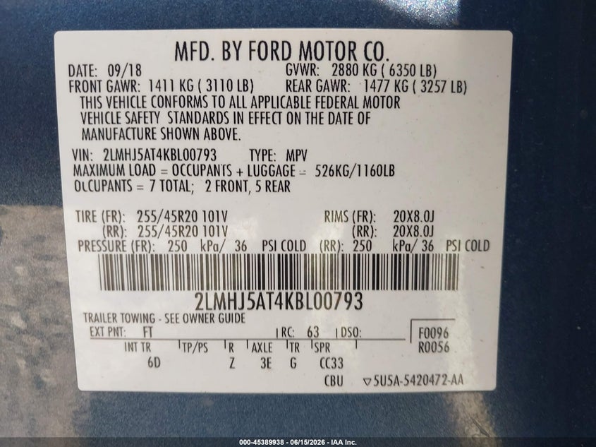 2019 Lincoln Mkt Reserve VIN: 2LMHJ5AT4KBL00793 Lot: 45389938