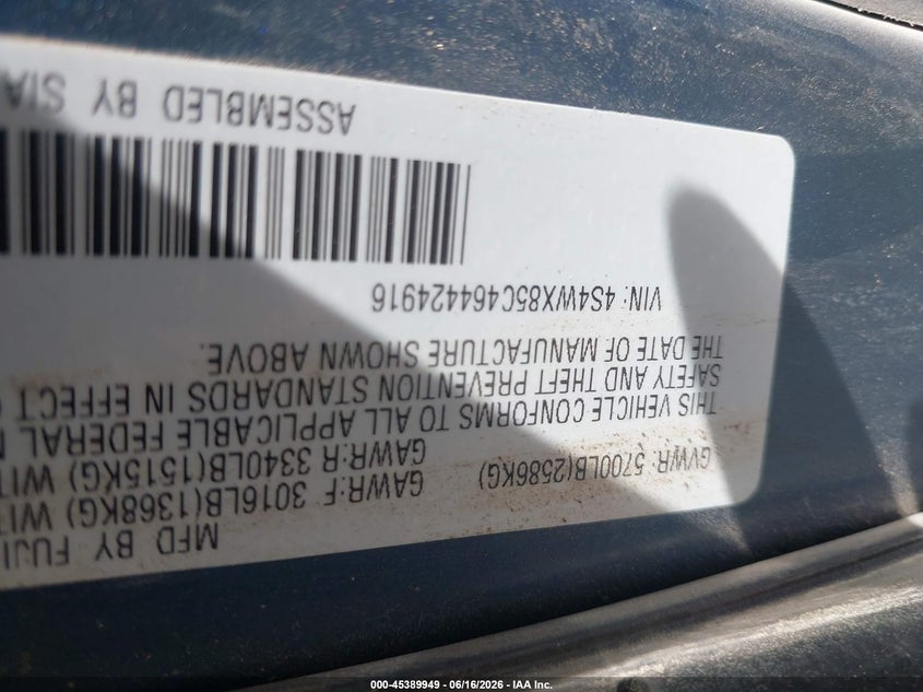 2006 SUBARU TRIBECA SPORT UTILITY VEHICLE 3.0L H-6 DOHC, VVT, 250HP
