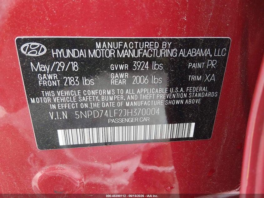 2018 Hyundai Elantra Se VIN: 5NPD74LF2JH370004 Lot: 45390112