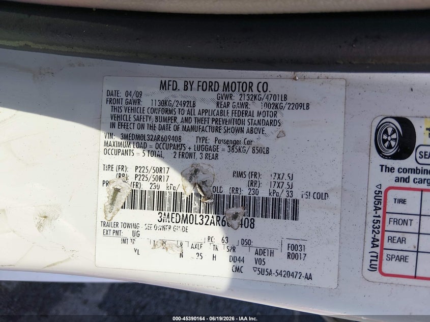 2010 Mercury Milan Hybrid VIN: 3MEDM0L32AR609408 Lot: 45390164