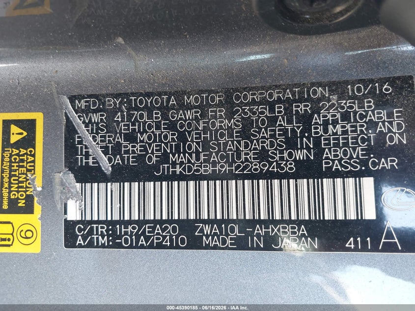 2017 Lexus Ct 200H VIN: JTHKD5BH9H2289438 Lot: 45390185