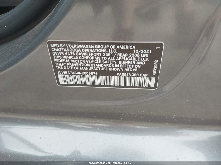 2022 Volkswagen Passat 2.0T Limited Edition VIN: 1VWBA7A39NC009676 Lot: 45390206