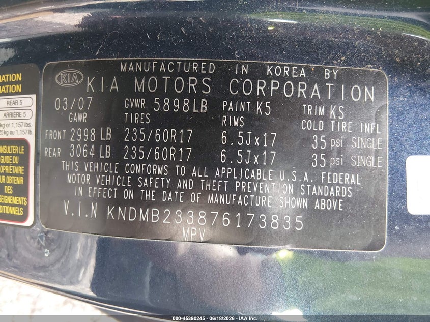 2007 Kia Sedona Ex VIN: KNDMB233876173835 Lot: 45390245