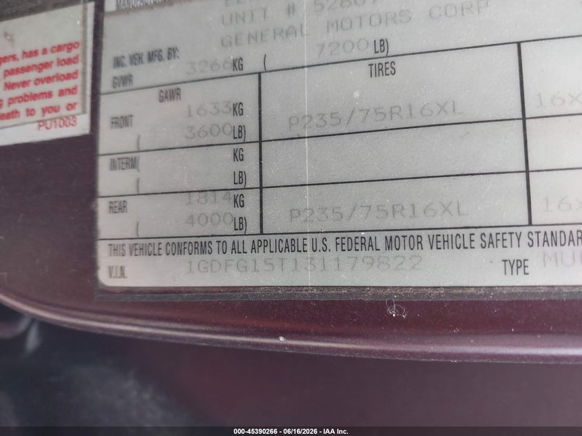 2003 GMC Savana Cutaway Standard/Standard W/C7L/C7N VIN: 1GDFG15T131179822 Lot: 45390266