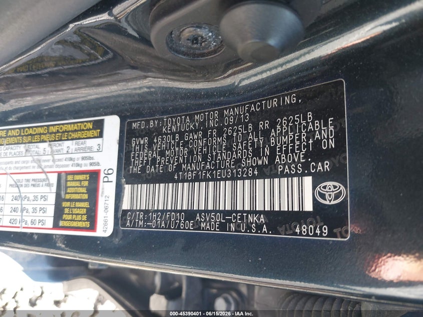 TOYOTA CAMRY 2014 VIN 4T1BF1FK1EU313284