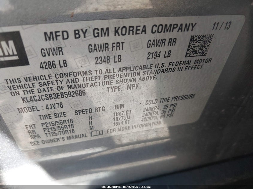 2014 Buick Encore Leather VIN: KL4CJCSB3EB592686 Lot: 45390416
