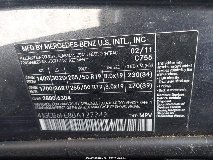 2011 Mercedes-Benz R 350 4Matic VIN: 4JGCB6FE8BA127343 Lot: 45390516