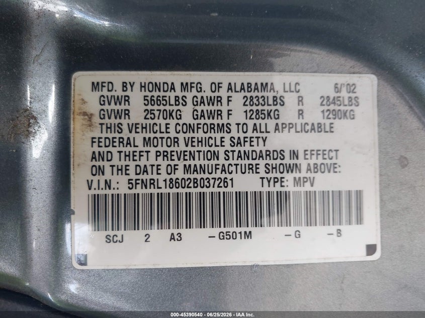 2002 Honda Odyssey Ex VIN: 5FNRL18602B037261 Lot: 45390540