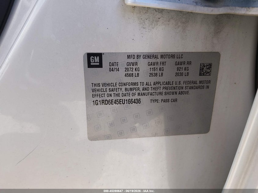 2014 Chevrolet Volt VIN: 1G1RD6E45EU166436 Lot: 45390647