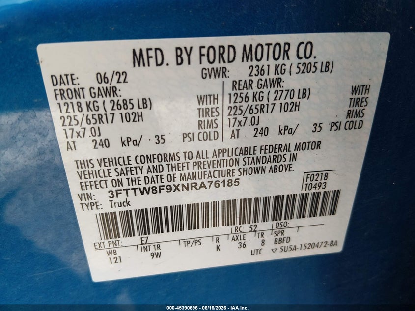 2022 Ford Maverick Xl VIN: 3FTTW8F9XNRA76185 Lot: 45390696