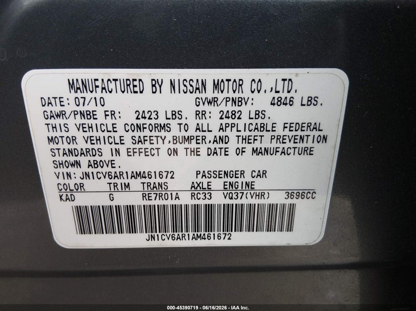 2010 Infiniti G37X VIN: JN1CV6AR1AM461672 Lot: 45390719
