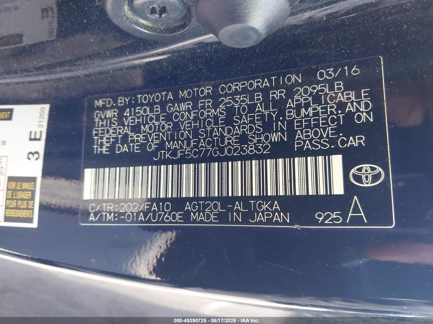 2016 Scion Tc VIN: JTKJF5C77GJ023832 Lot: 45390725