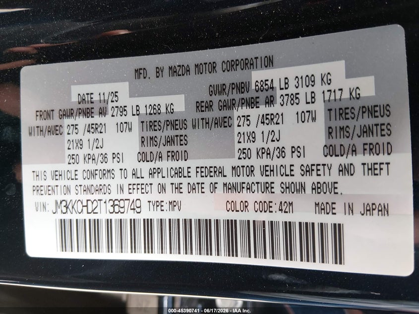 2026 Mazda Cx-90 3.3 Turbo Premium Sport VIN: JM3KKCHD2T1369749 Lot: 45390741