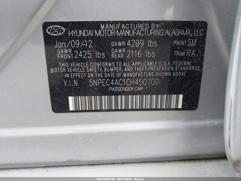 HYUNDAI SONATA 2012 VIN 5NPEC4AC1CH450700
