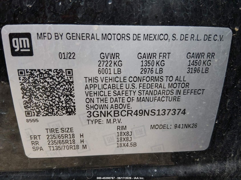 2022 Chevrolet Blazer Fwd 2Lt VIN: 3GNKBCR49NS137374 Lot: 45390767