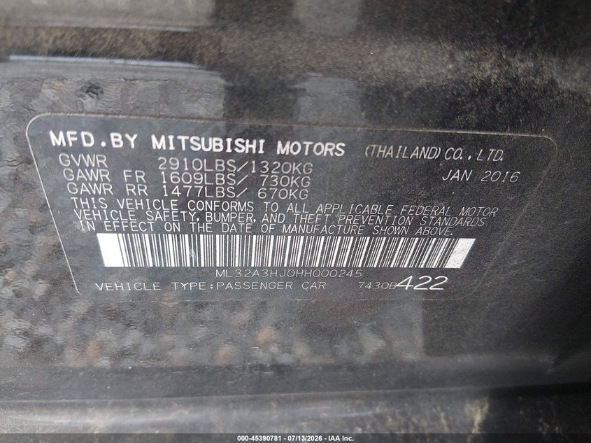2017 Mitsubishi Mirage Es VIN: ML32A3HJ0HH000245 Lot: 45390781