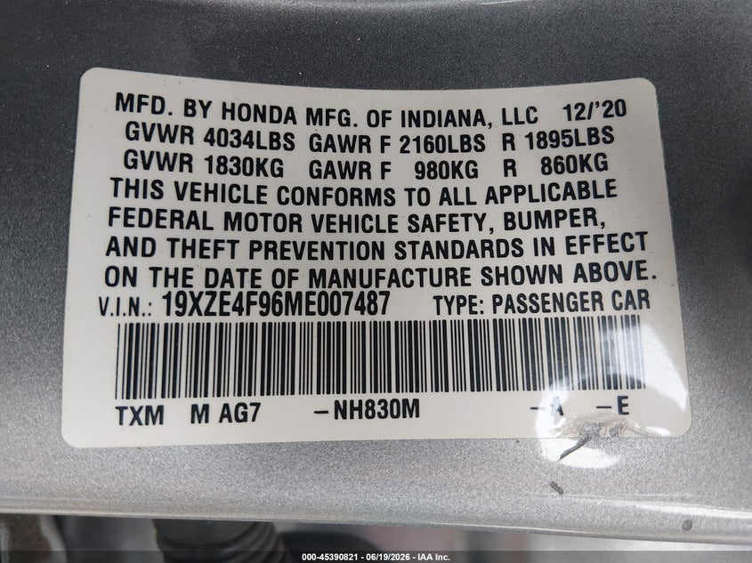 2021 Honda Insight Touring VIN: 19XZE4F96ME007487 Lot: 45390821
