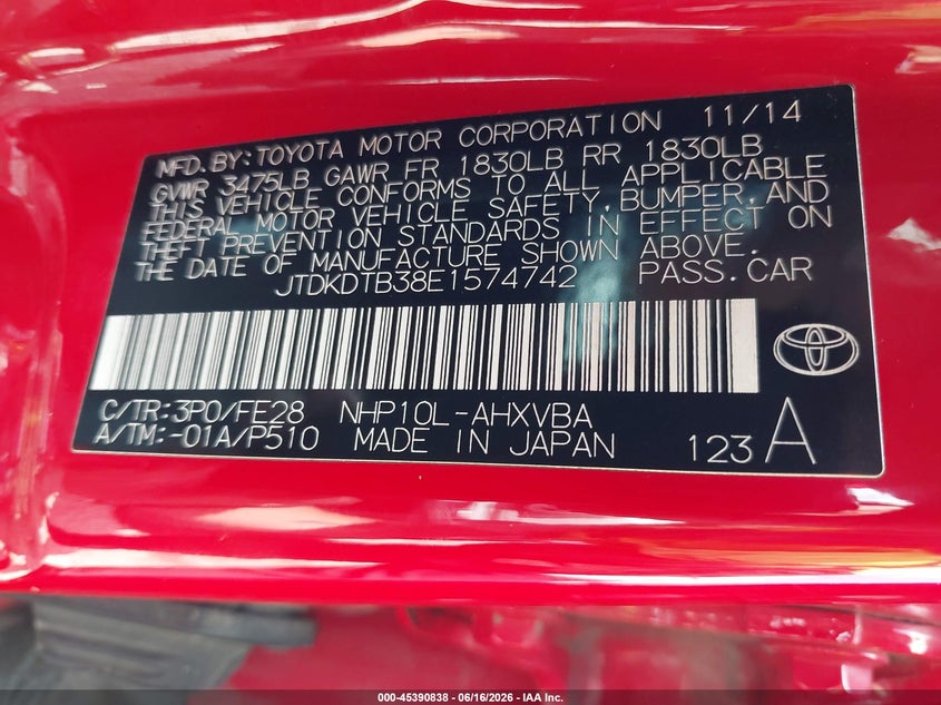 2014 Toyota Prius C One VIN: JTDKDTB38E1574742 Lot: 45390838