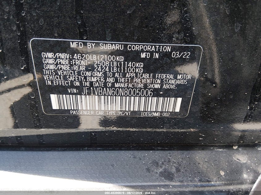 2022 Subaru Wrx Limited VIN: JF1VBAN60N8005006 Lot: 45390878