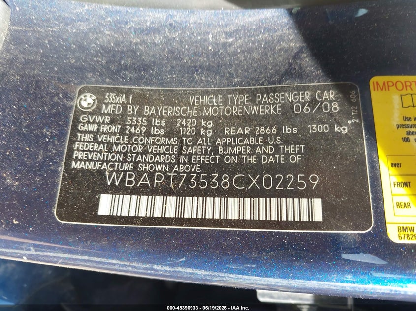 2008 BMW 535Xi VIN: WBAPT73538CX02259 Lot: 45390933