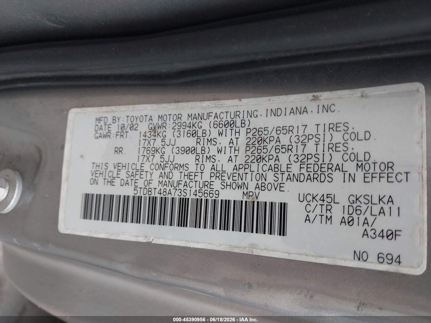 2003 Toyota Sequoia Limited V8 VIN: 5TDBT48A73S145669 Lot: 45390956