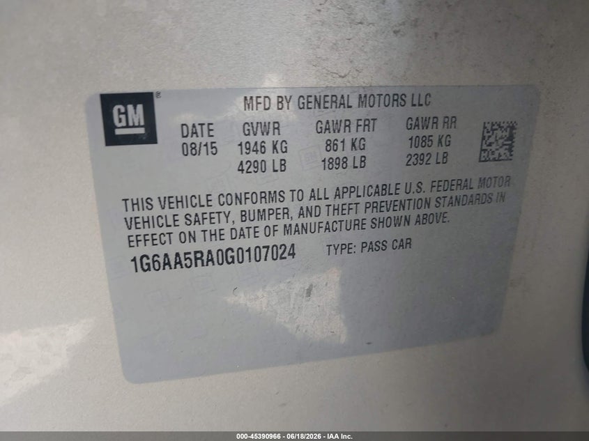 2016 Cadillac Ats Standard VIN: 1G6AA5RA0G0107024 Lot: 45390966