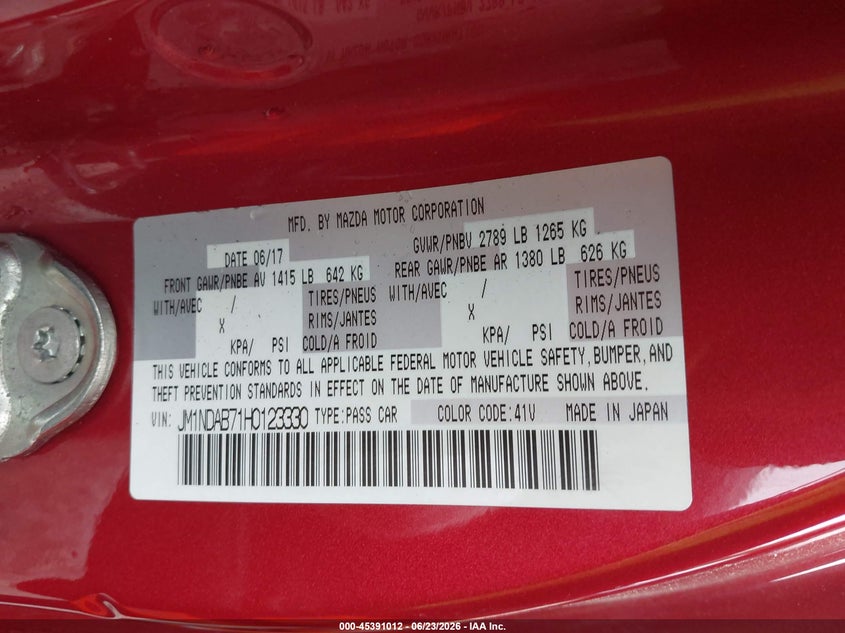 2017 Mazda Mx-5 Miata Sport VIN: JM1NDAB71H0123330 Lot: 45391012