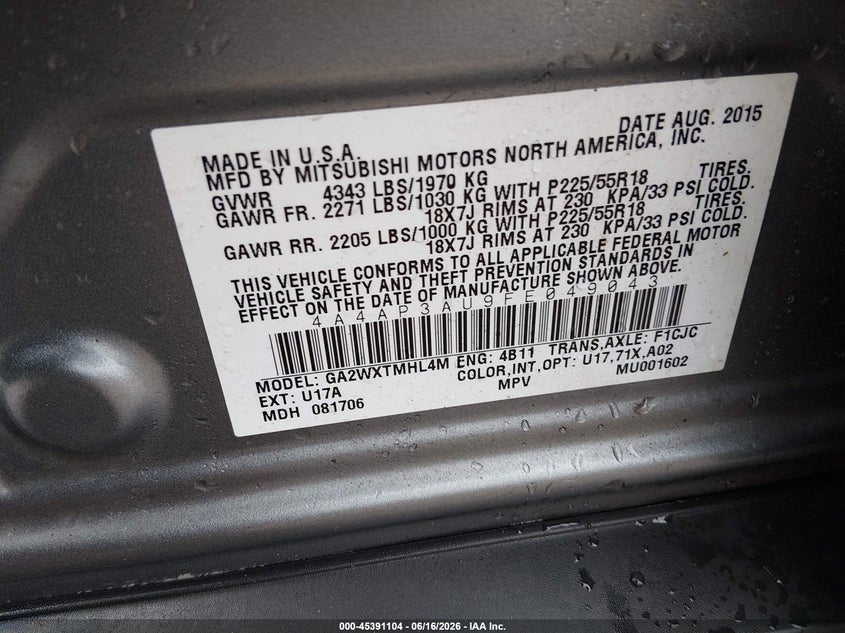 MITSUBISHI OUTLANDER SPORT 2015 VIN 4A4AP3AU9FE049043