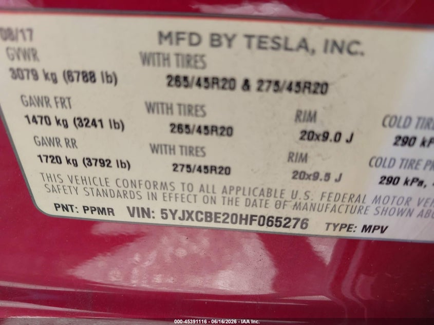 2017 Tesla Model X VIN: 5YJXCBE20HF065276 Lot: 45391116