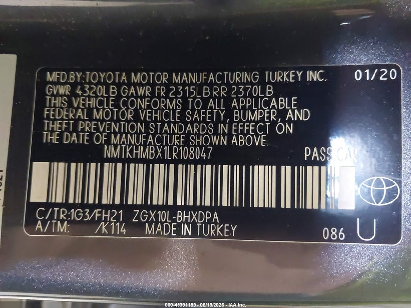 2020 Toyota C-Hr Le VIN: NMTKHMBX1LR108047 Lot: 45391159