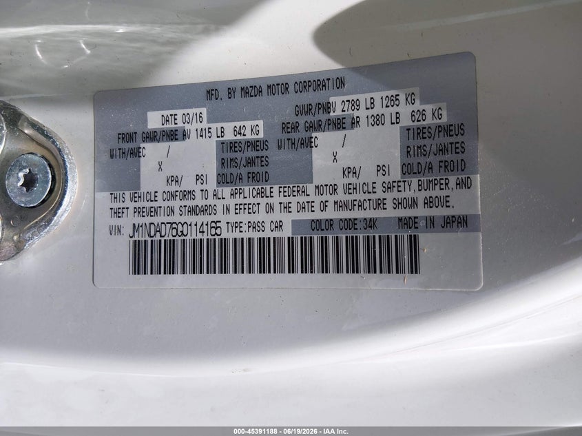 2016 Mazda Mx-5 Miata Grand Touring VIN: JM1NDAD76G0114165 Lot: 45391188