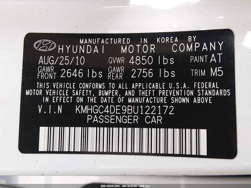 2011 Hyundai Genesis 3.8 VIN: KMHGC4DE9BU122172 Lot: 45391204