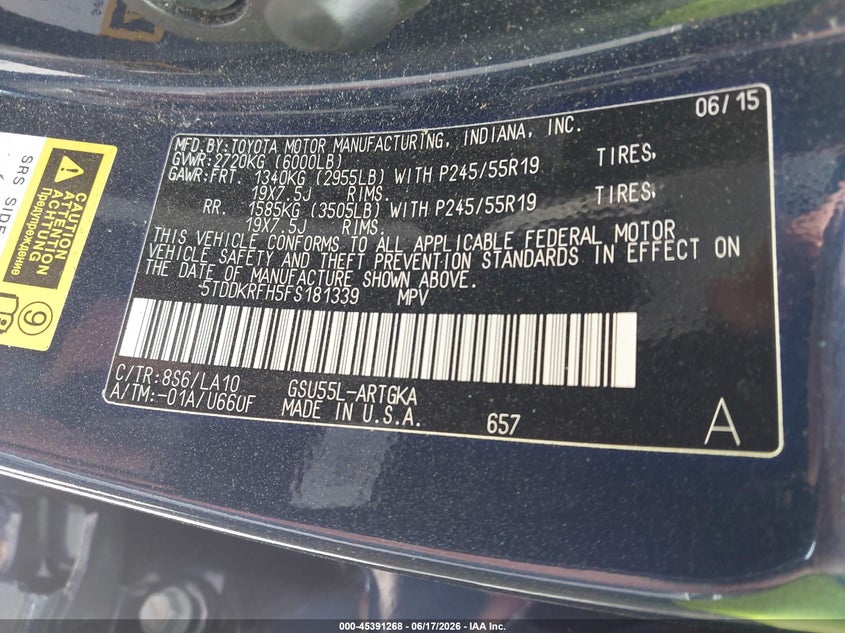 2015 Toyota Highlander Limited Platinum V6 VIN: 5TDDKRFH5FS181339 Lot: 45391268
