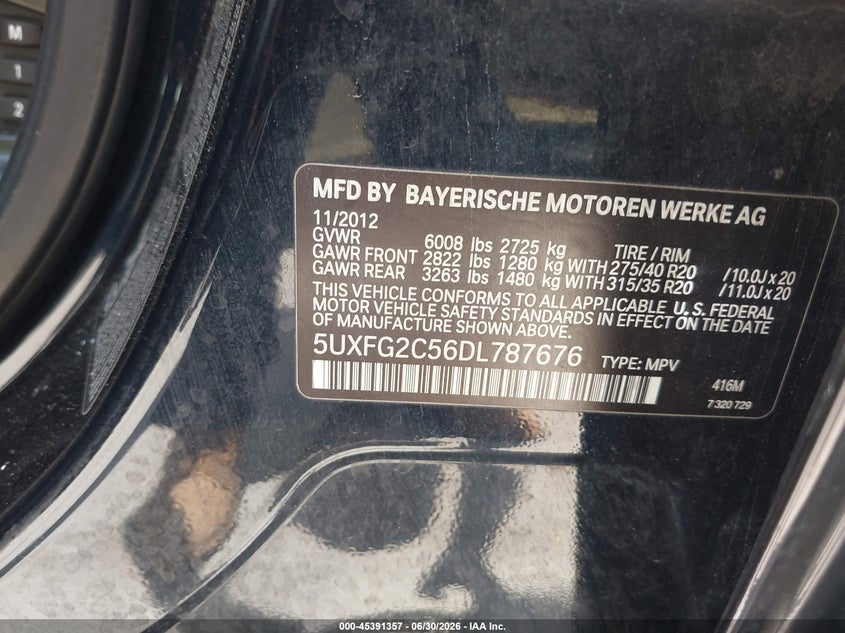 2013 BMW X6 xDrive35I VIN: 5UXFG2C56DL787676 Lot: 45391357