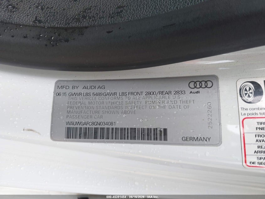2016 Audi A7 3.0T Premium Plus VIN: WAUWGAFC8GN034081 Lot: 45391454