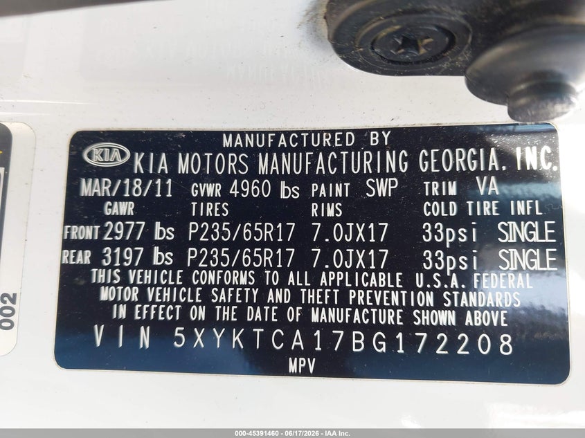2011 Kia Sorento Lx VIN: 5XYKTCA17BG172208 Lot: 45391460