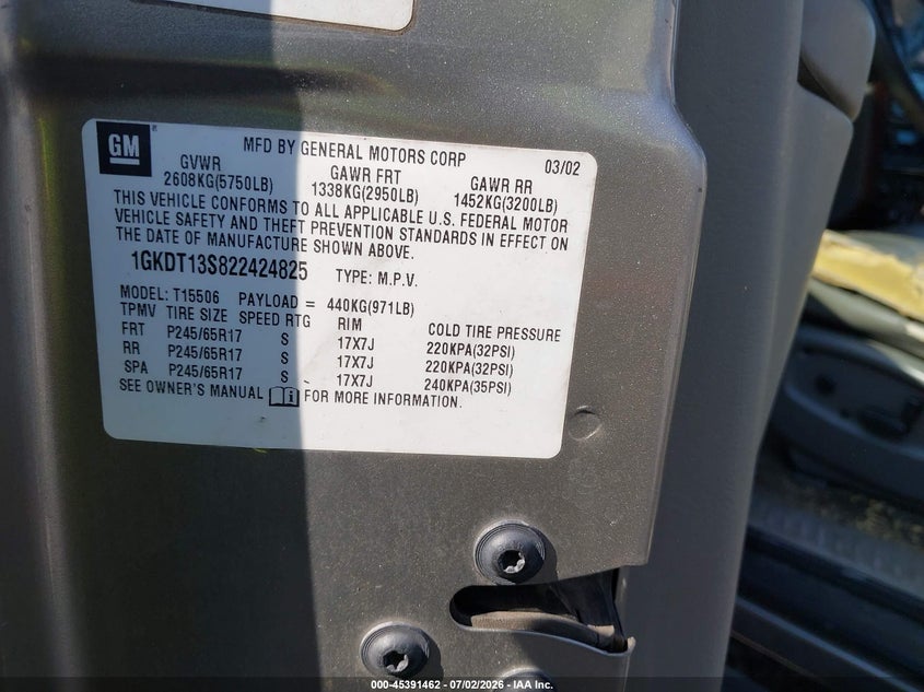 2002 GMC Envoy Slt VIN: 1GKDT13S822424825 Lot: 45391462
