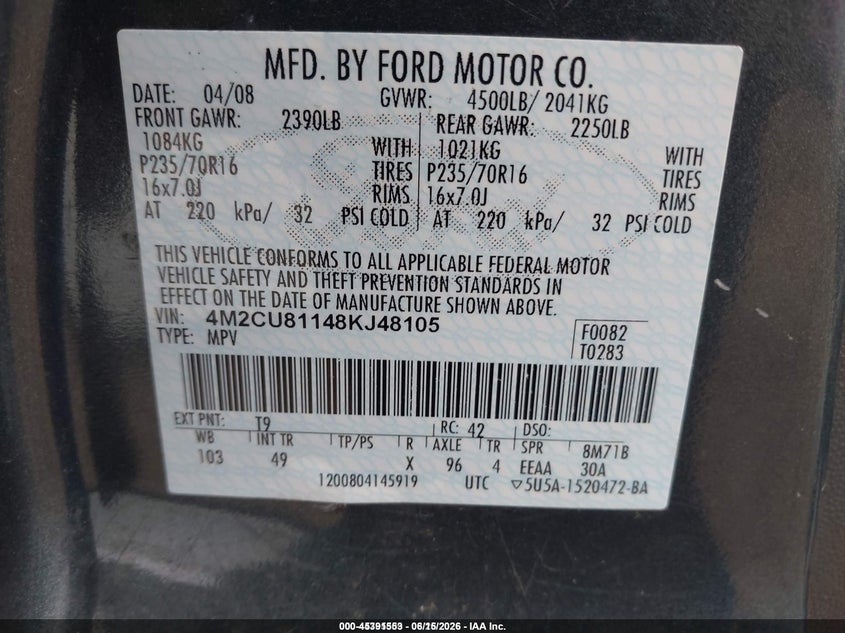 2008 Mercury Mariner V6 VIN: 4M2CU81148KJ48105 Lot: 45391553