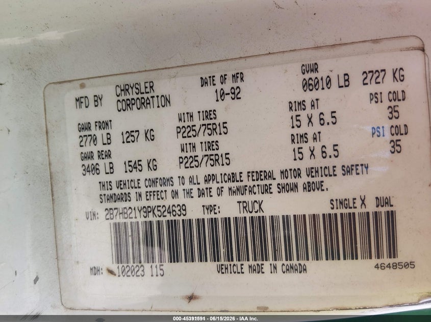 1993 Dodge Ram Van B250 VIN: 2B7HB21Y9PK524639 Lot: 45391591