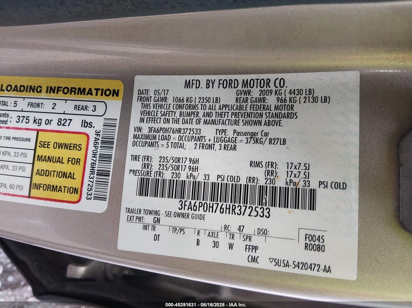 2017 Ford Fusion Se VIN: 3FA6P0H76HR372533 Lot: 45391631