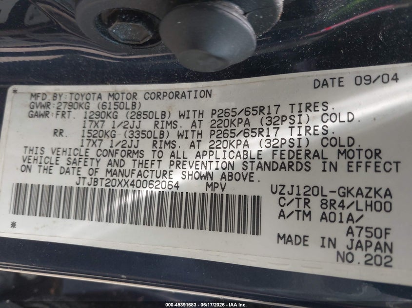 2004 Lexus Gx 470 VIN: JTJBT20XX40062064 Lot: 45391683