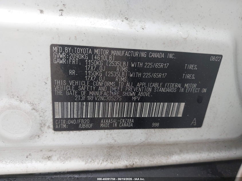VIN 2T3F1RFV2NC305275 2022 TOYOTA RAV4 LE