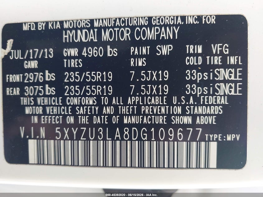 2013 Hyundai Santa Fe Sport 2.0T VIN: 5XYZU3LA8DG109677 Lot: 45392020