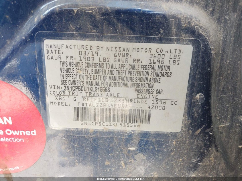 VIN 3N1CP5CU1KL515568 2019 NISSAN KICKS SV