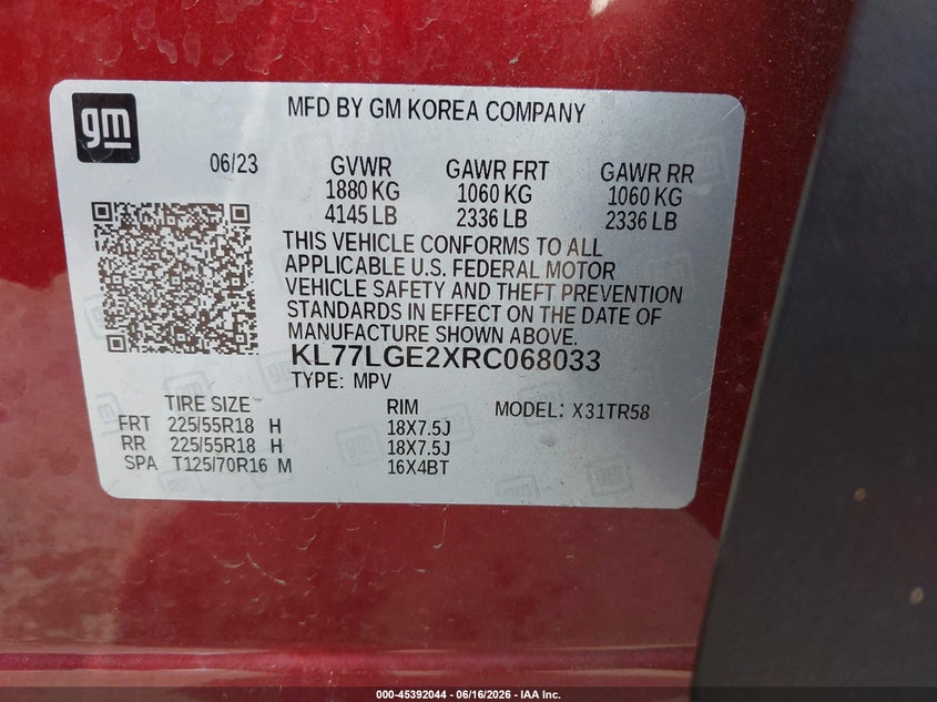 2024 Chevrolet Trax Fwd 1Rs VIN: KL77LGE2XRC068033 Lot: 45392044