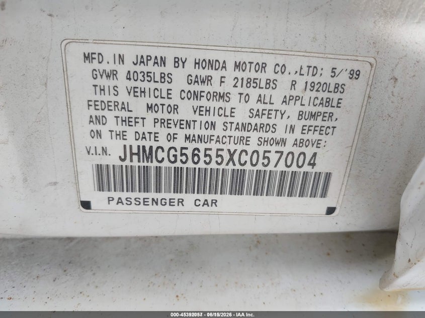 HONDA ACCORD 1999 VIN JHMCG5655XC057004