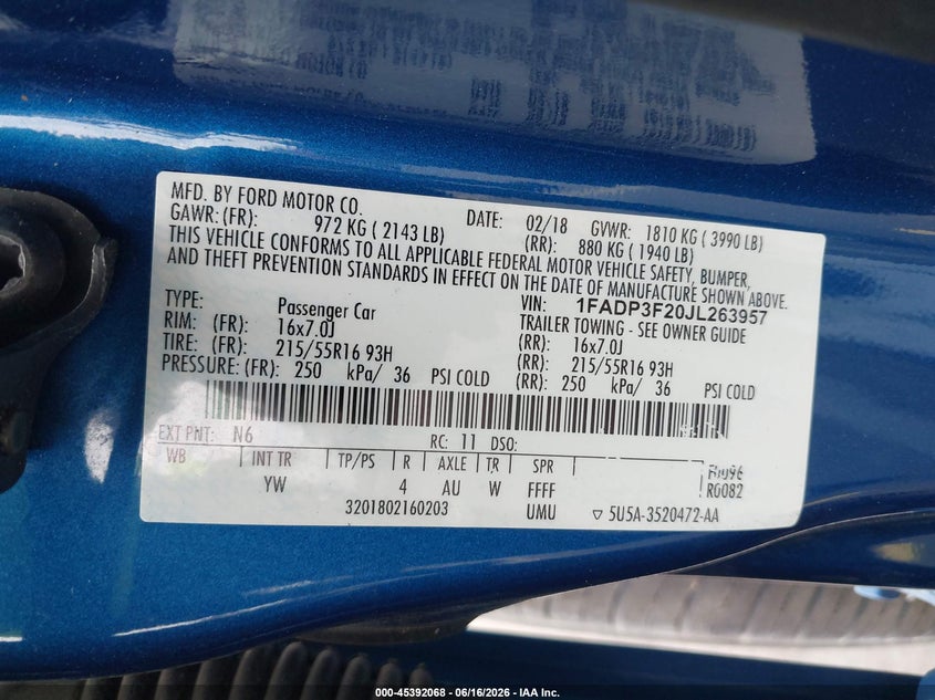 2018 Ford Focus Se VIN: 1FADP3F20JL263957 Lot: 45392068