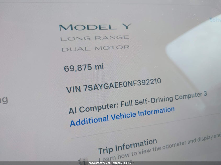 2022 Tesla Model Y Long Range Dual Motor All-Wheel Drive VIN: 7SAYGAEE0NF392210 Lot: 45392074