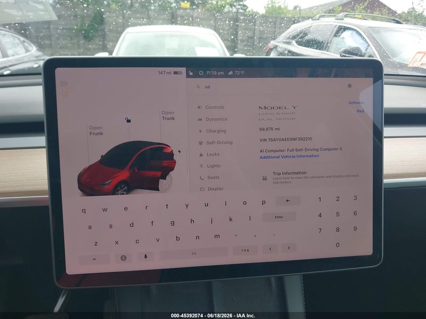 2022 Tesla Model Y Long Range Dual Motor All-Wheel Drive VIN: 7SAYGAEE0NF392210 Lot: 45392074