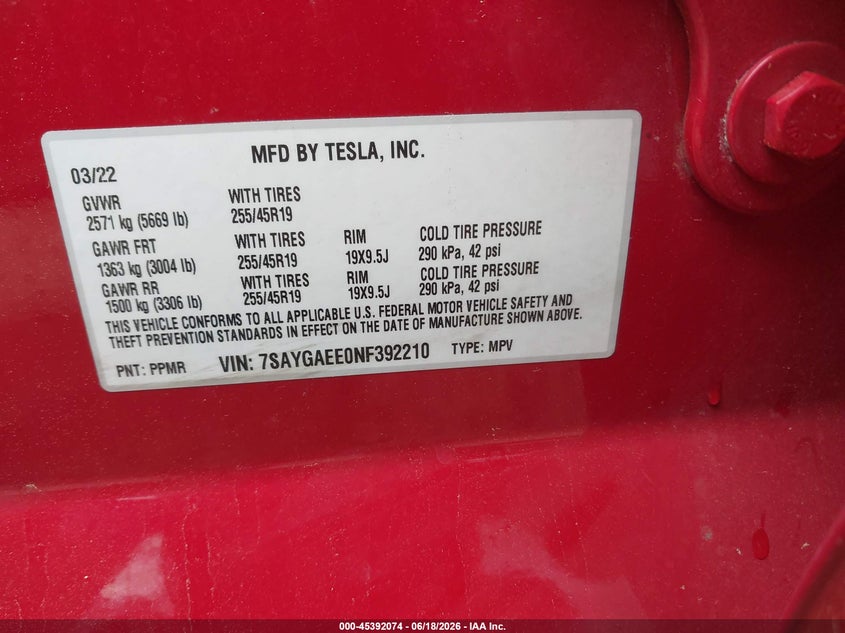 2022 Tesla Model Y Long Range Dual Motor All-Wheel Drive VIN: 7SAYGAEE0NF392210 Lot: 45392074